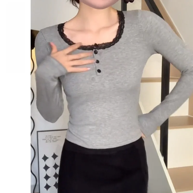 Серая кружевная нижняя рубашка Dralon женская осенне-зимняя футболка с длинными