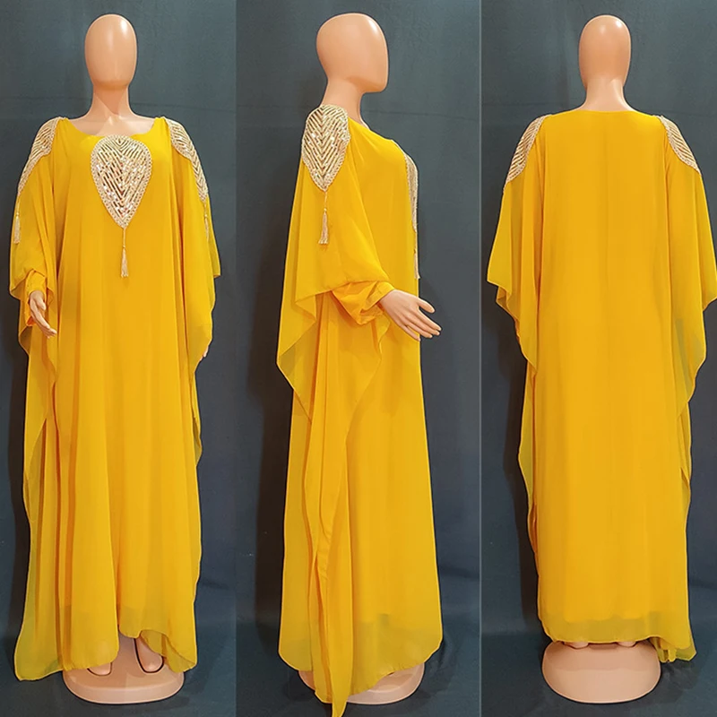 European and American African Muslim women's long skirt bead embroidery yellow long skirt Arab Islamic ethnic style banquet dres
