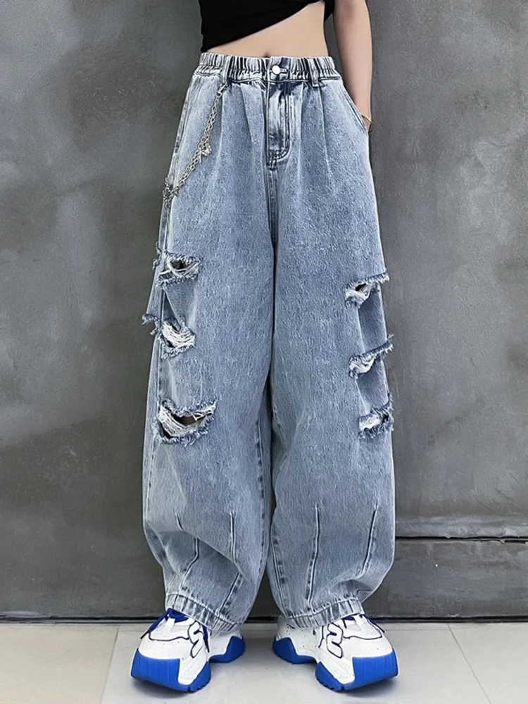 

High Waist Blue Holes Denim Long Casual Wide Leg Jeans New Loose Women Trousers Fashion Tide Spring Autumn 2022 M715