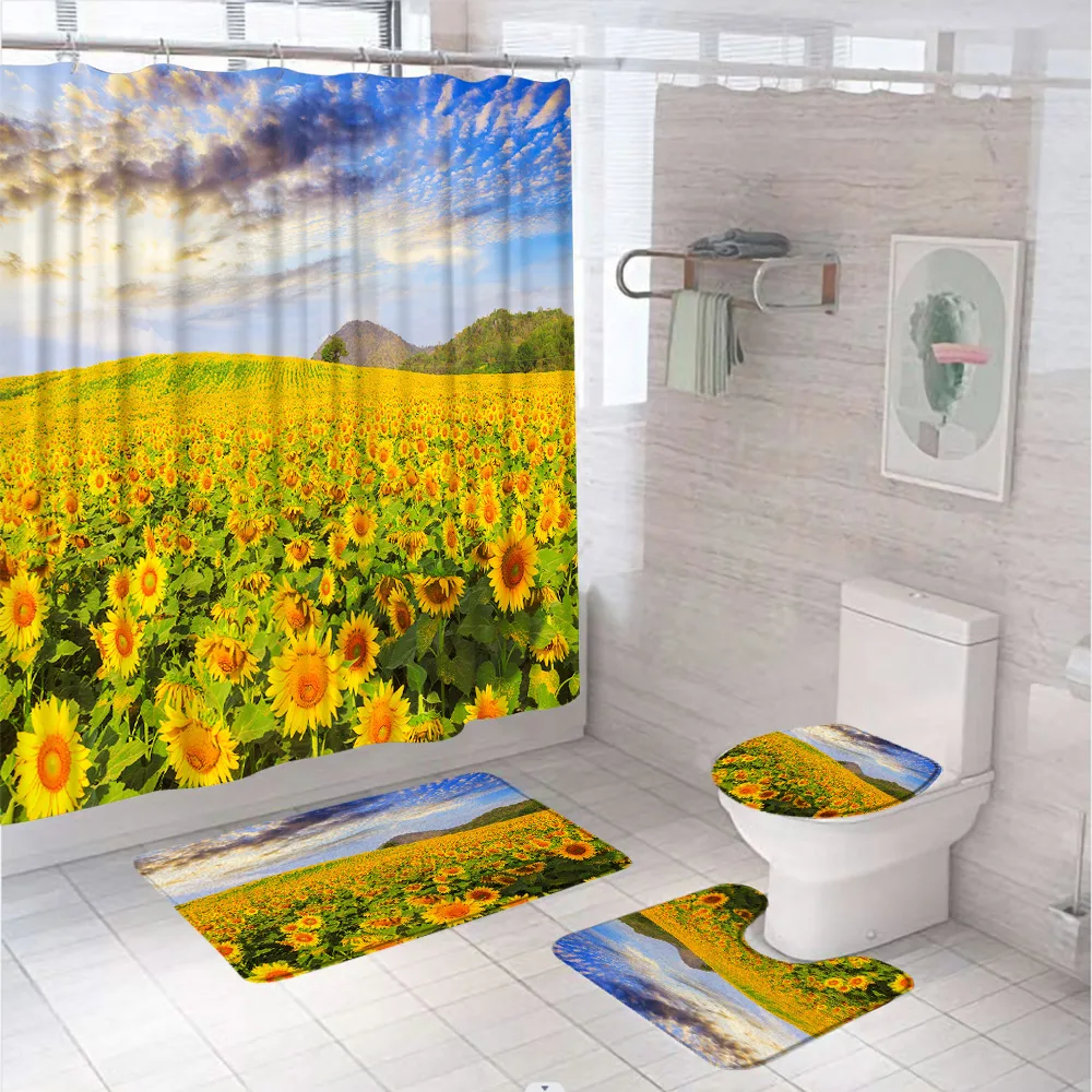 

Yellow Flower Sunflower Shower Curtain Set Country Scenery Field Bathroom Screen Anti-slip Bath Mat Toilet Lid Cover Carpet Rug