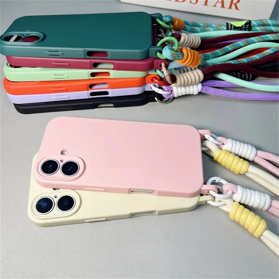 Роскошный чехол из жидкого силикона для iPhone 16 Pro Max 15 14 13 12 11 с ремнями через плечо