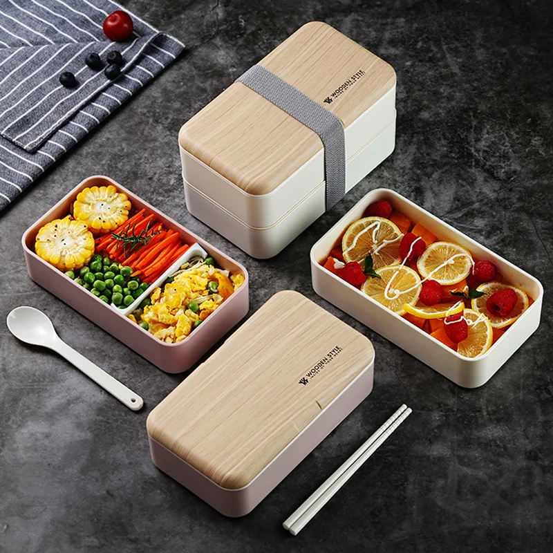 

Japanese Wooden Style Double Layers Lunch Box Portable Food Container BPA Free Bento Box Lunchbox Microwave Oven Heating