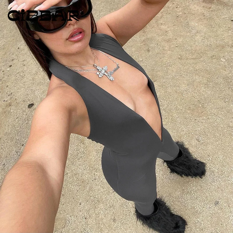 

Женский базовый серый комбинезон CIBBAR, женский тренировочный костюм с лямкой на шее, уличная одежда, сексуальный комбинезон с глубоким V-обра...