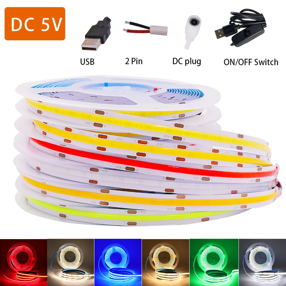 

DC 5V COB LED Strip Lights USB High Density 320 Leds/m Flexible Led Tape 8mm Width FOB Linear Lighting 3000K 4000K 6000K Red