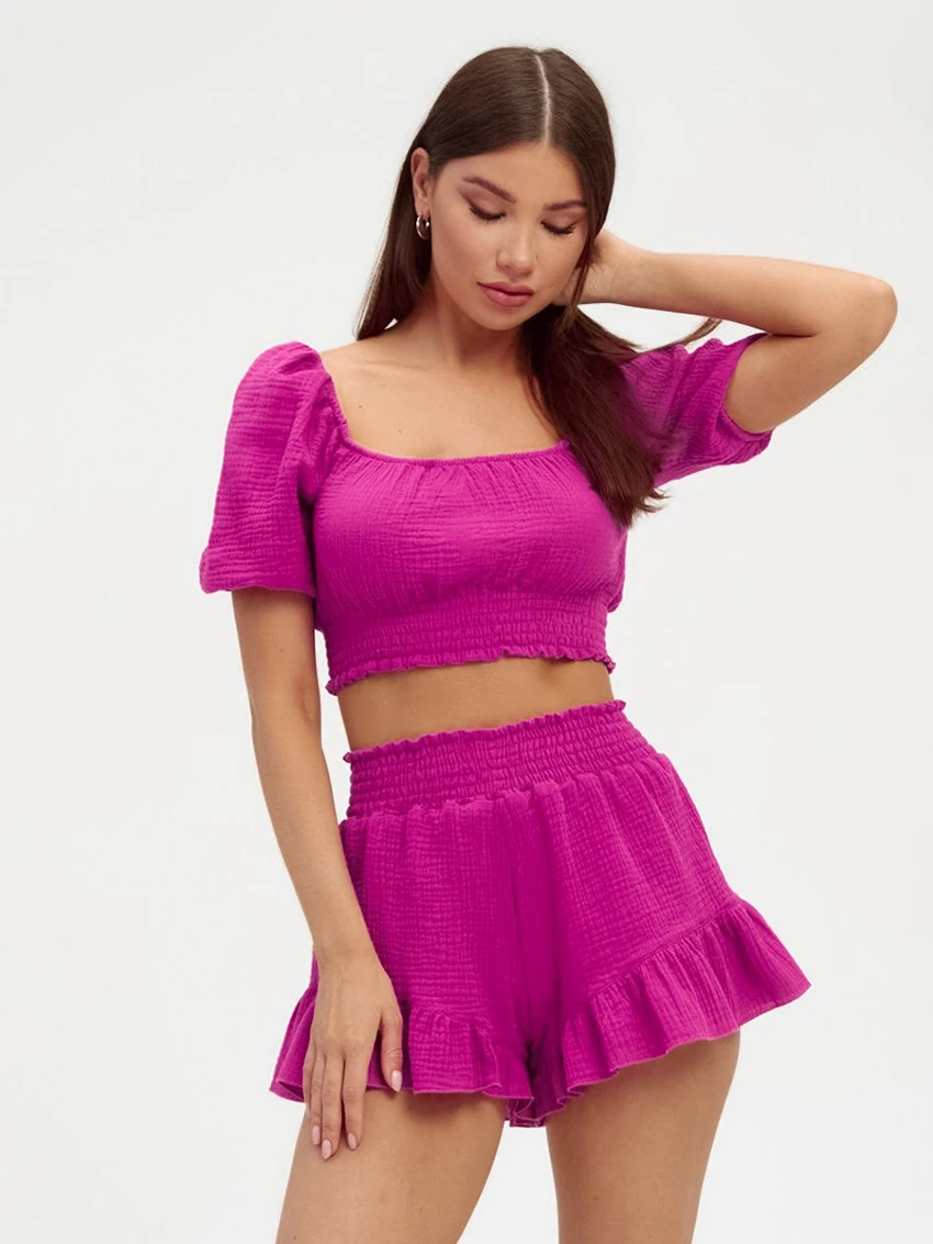 

Marthaqiqi Sexy Femme Nightwear Suit Short Sleeve Nightgowns Crop Top Pajamas Square Collar Sleepwear Shorts Home Clothes Women