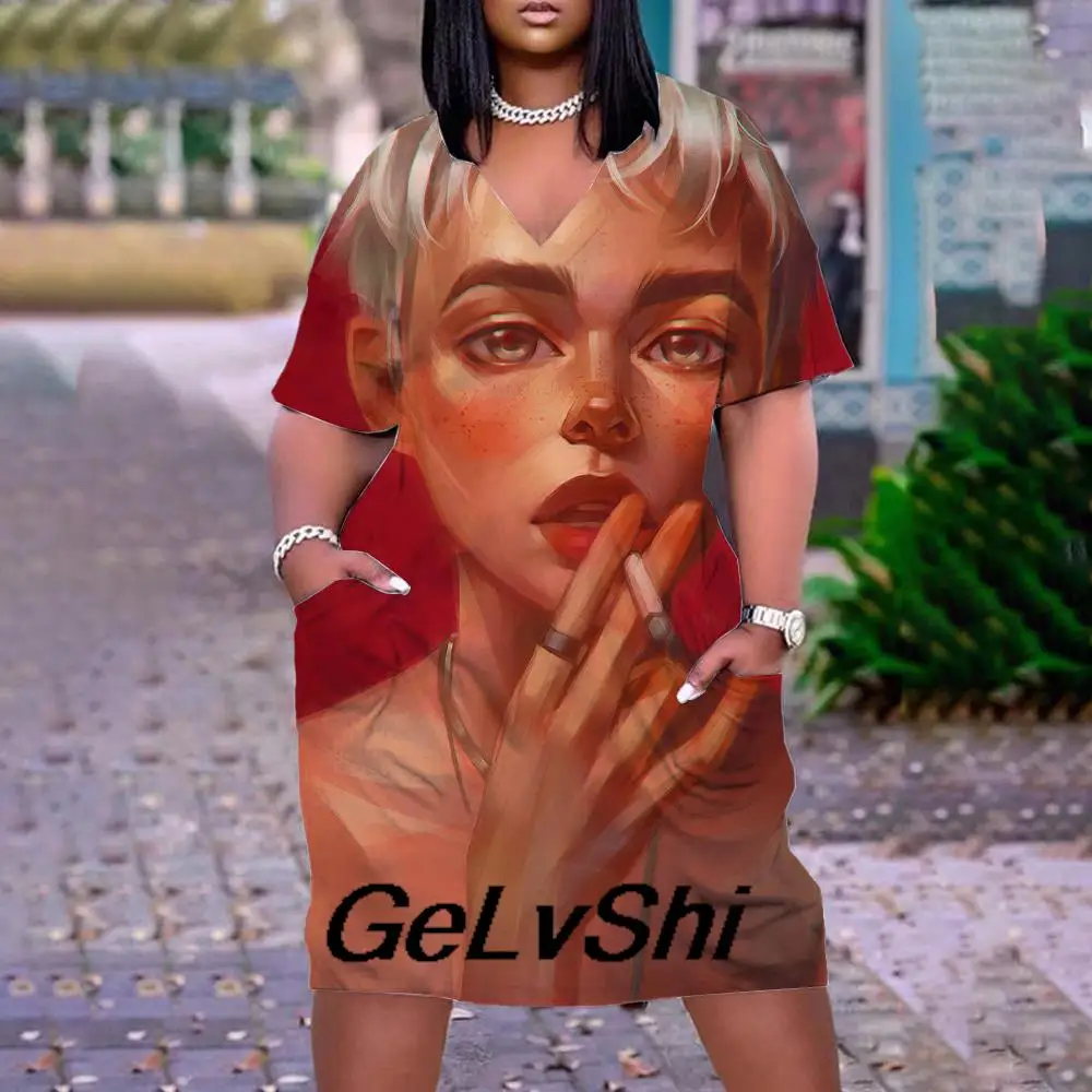 

Vintage Dress Women'S Fashion Summer Dress V-Neck Portrait 3D Prin Sexy Short Sleeve Midi Pocket Boho Beach Dress Party Dress