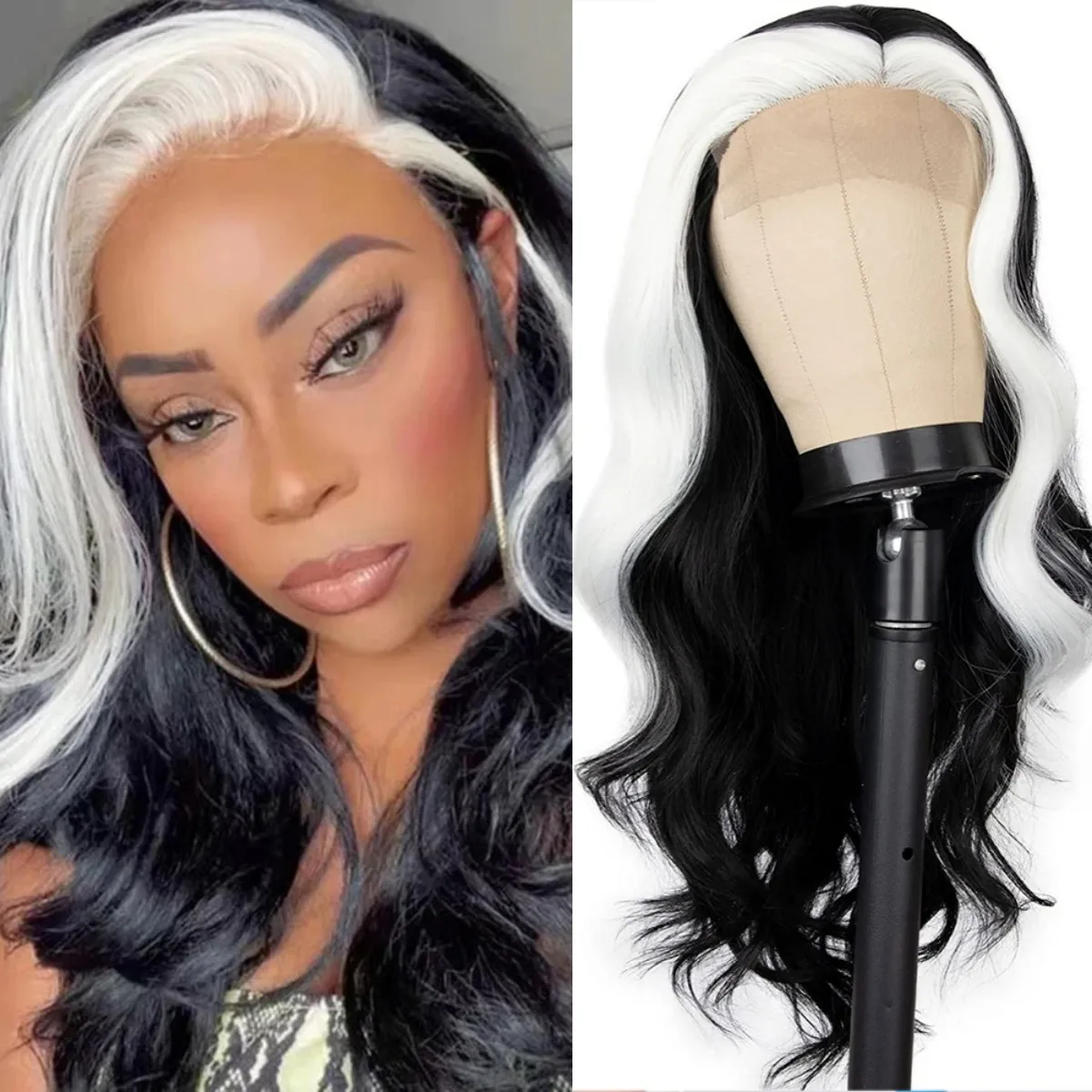 Halloween Black and White Highlight Synthetic Lace Wigs For Women Side Part Natural Hairline 30 inches For Daily Cosplay Party