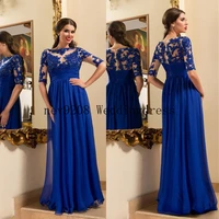 modern lace appliques chiffon evening dress 2022 royal blue a line half sleeves long prom dress vestido longo formatura