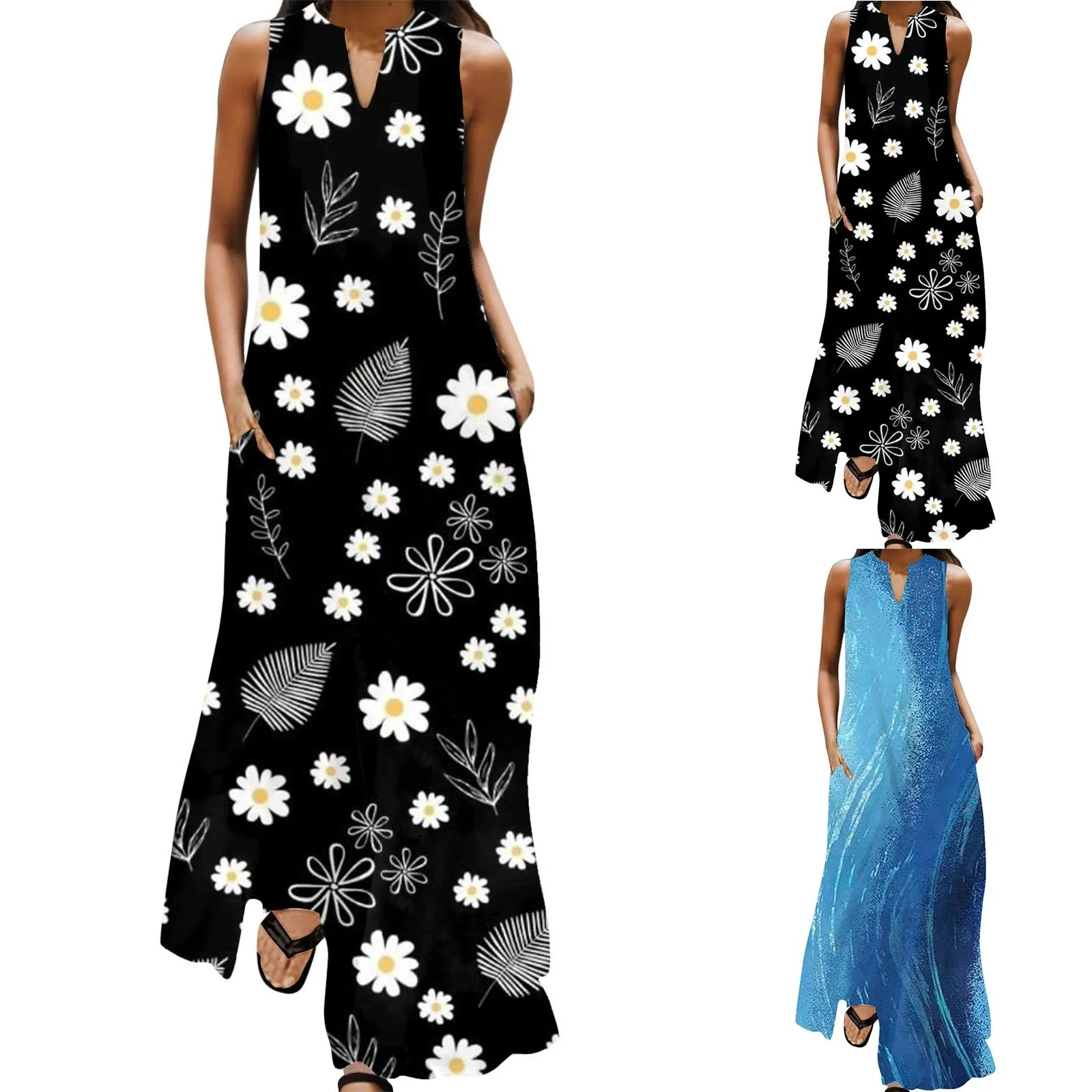 

Women Casual Dress Solid Color V Neck Sleeveless Retro Long Dress Beach Dress Long Skirt Woman Short Sleeve Dress