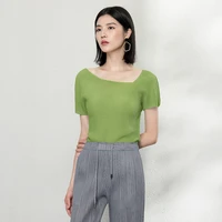 t shirt women short sleeved summer 2022 new fashion solid color vintage slim miyake pleated tops female pullover