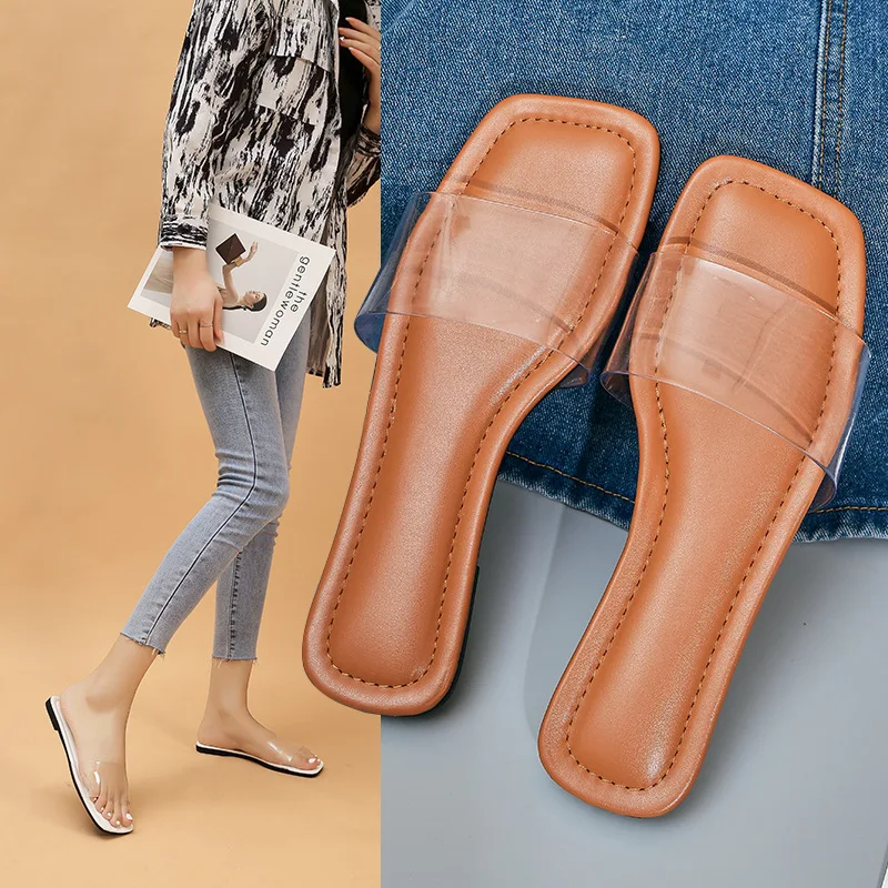 

Big Size Square Toe Slippers Soft Beach Shoes Slipers Women Transparent Heel Slides Low Comfort Sabot 2023 Flat Summer PU Casual