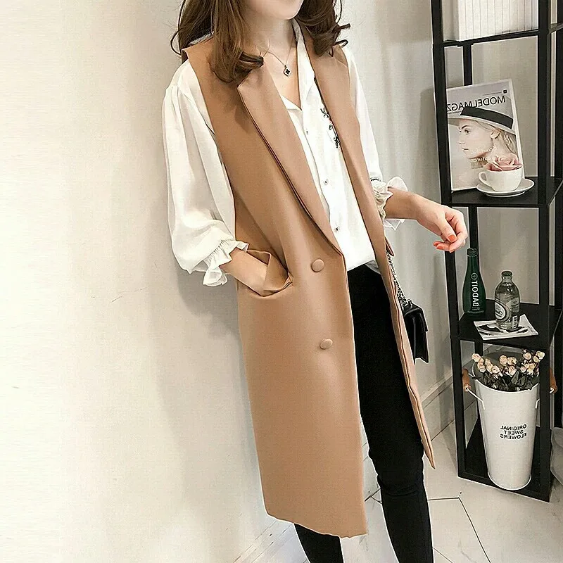 

Autumn Korean Version Long Sleeveless Suit Clip Large Size Women's Slimming Cardigan Coat Vest Female Advanced Design Vests