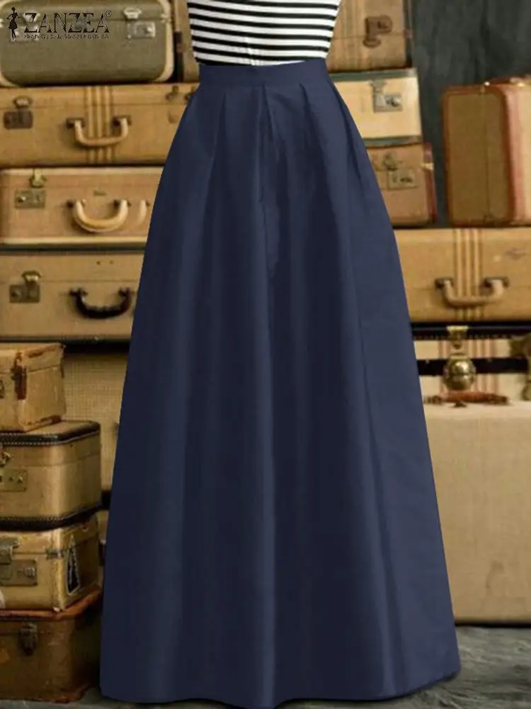 

ZANZEA Women Elegant Skirts Stylish Party Maxi Dress Spring A Line Solid Color Ankle Length Sundress Retro Zipper Robe Oversized