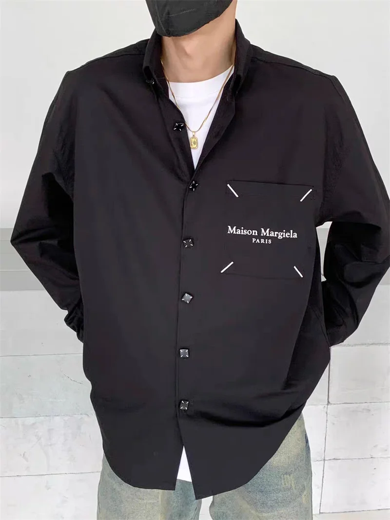 

MM6 Autumn/Winter Shirt Cotton Yarn Custom Engraved Button Splice 3d Letter Logo Long Sleeve Shirt