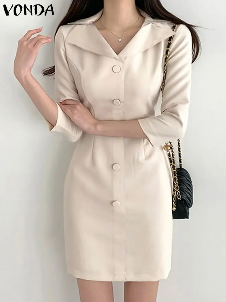 

2023 VONDA Women Summer Elegant Shirt Mini Dress 3/4 Sleeve Casual Solid Color Buttons Sundress Loose Streetwear Vestidos Robe