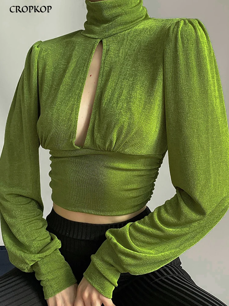 

Sexy Crop Top Women Chic Turtleneck Puff Sleeve T Shirt Casual Bodycon Hollow Out T-shirts Autumn Fashion Clothes For Women 2023