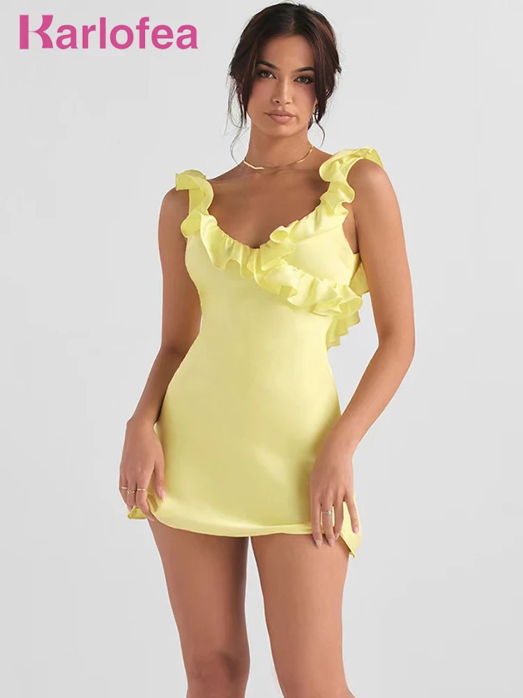 

Karlofea New V Neck Ruffles Back Open Sexy Mini Dresses For Women Summer 2022 Double Layered Silk Satin Yellow Vacation Outfits