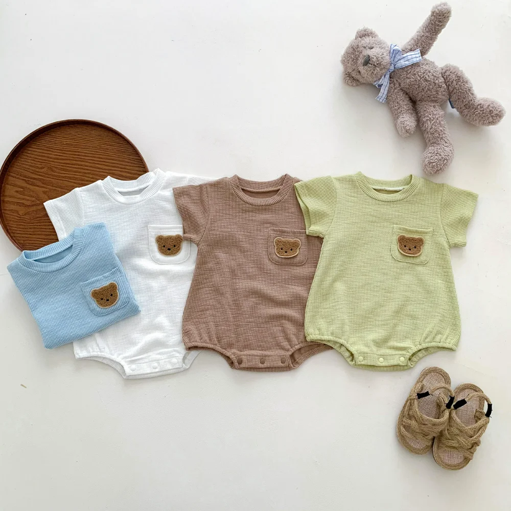 

Newborn Baby Boy Clothes 2023 New Summer Short Sleeve Cartoon Bear Romper Infant Solid Bodysuit Baby Girls Costume