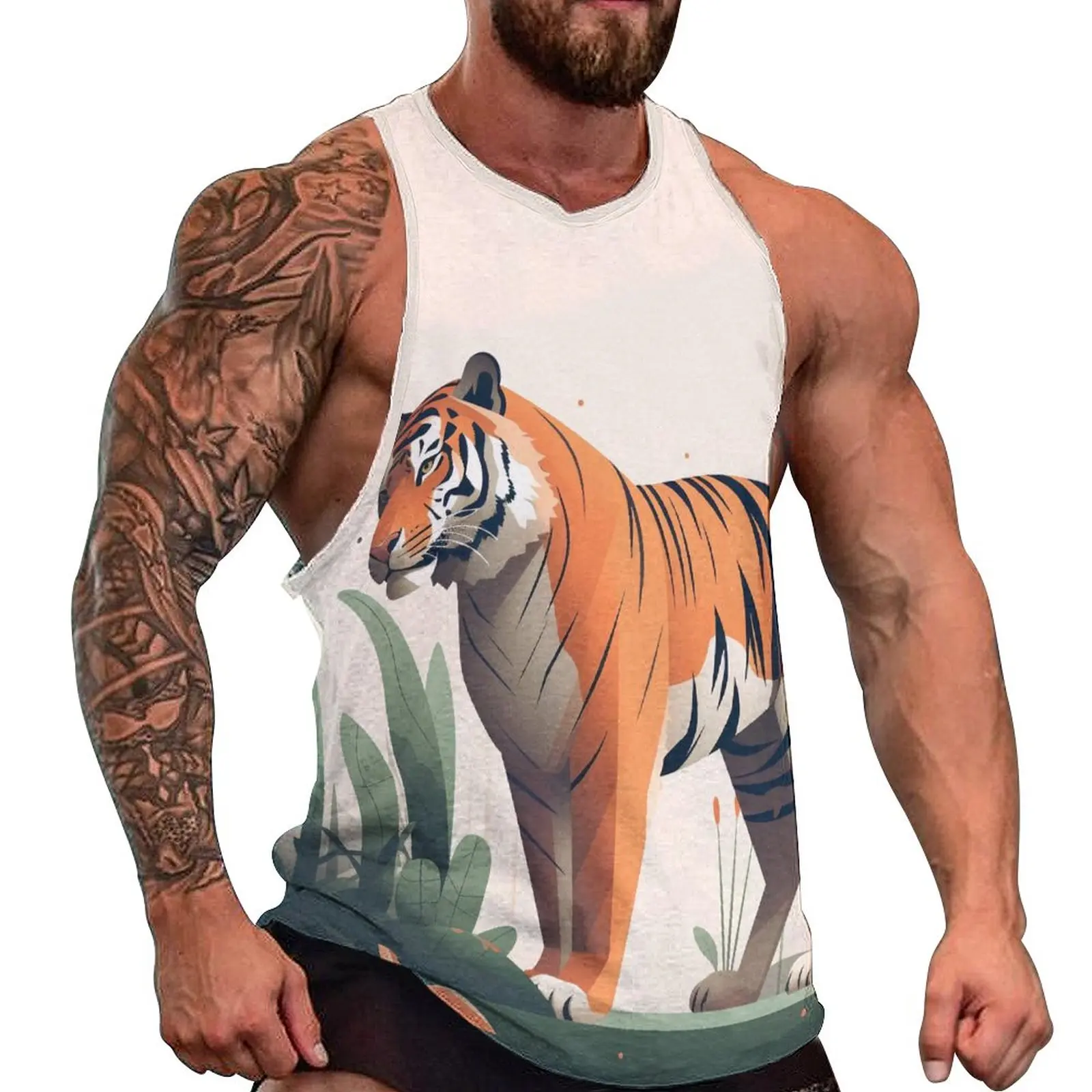 

Tiger Tank Top Men Illustration Style Vector Flat Animals Workout Oversize Tops Beach Streetwear Graphic Sleeveless Vests