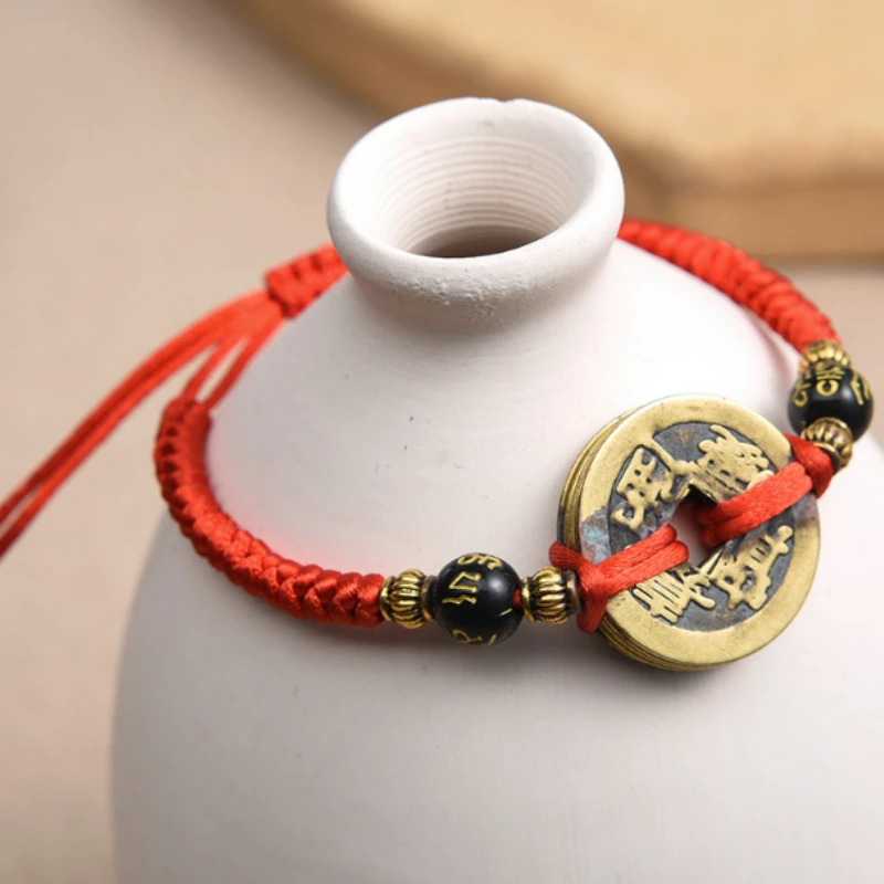 

Retro Five Emperors Copper Coins Red Woven Rope Bracelets Handmade Unisex Safe Lucky Bracelet Symbol Health Amulet Jewelry Gift
