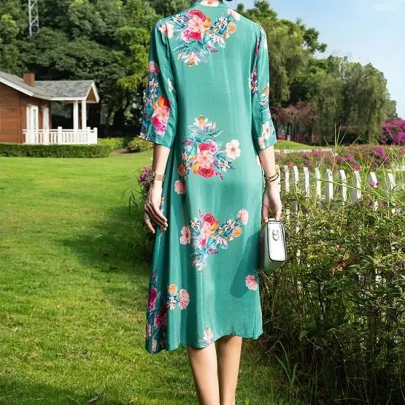 Женское длинное шелковое платье-Ципао элегантное свободное зеленое