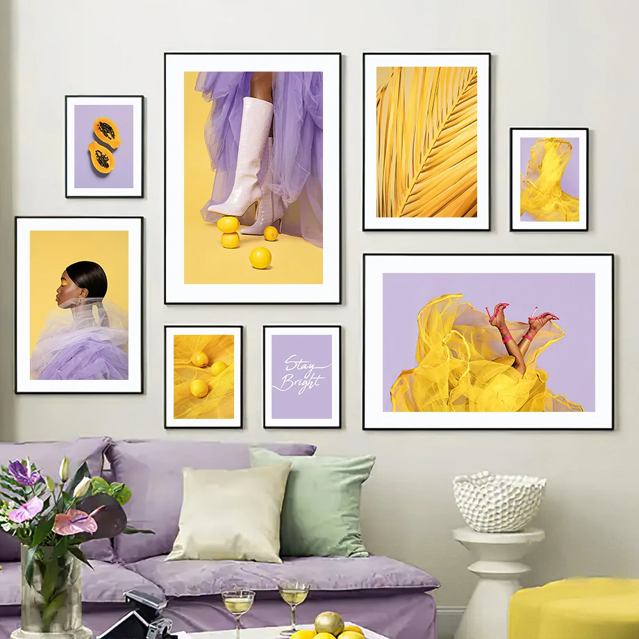 

Yellow Purple Pictures On The Wall Lemon Papaya Skirt and High Heels Girl Wall Art Canvas Painting Poster for Living Room Decor