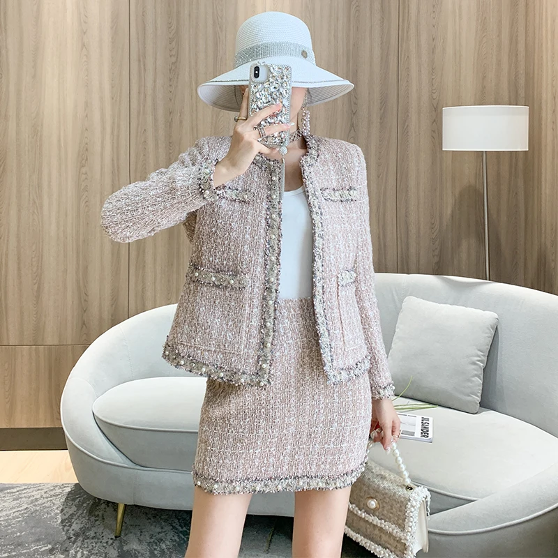 

Fashion Fall Winter New Beaded Small Fragrance Chic Single-Breasted Tweed Jacket+Mini Skirt Two Piece Set Women Clothes