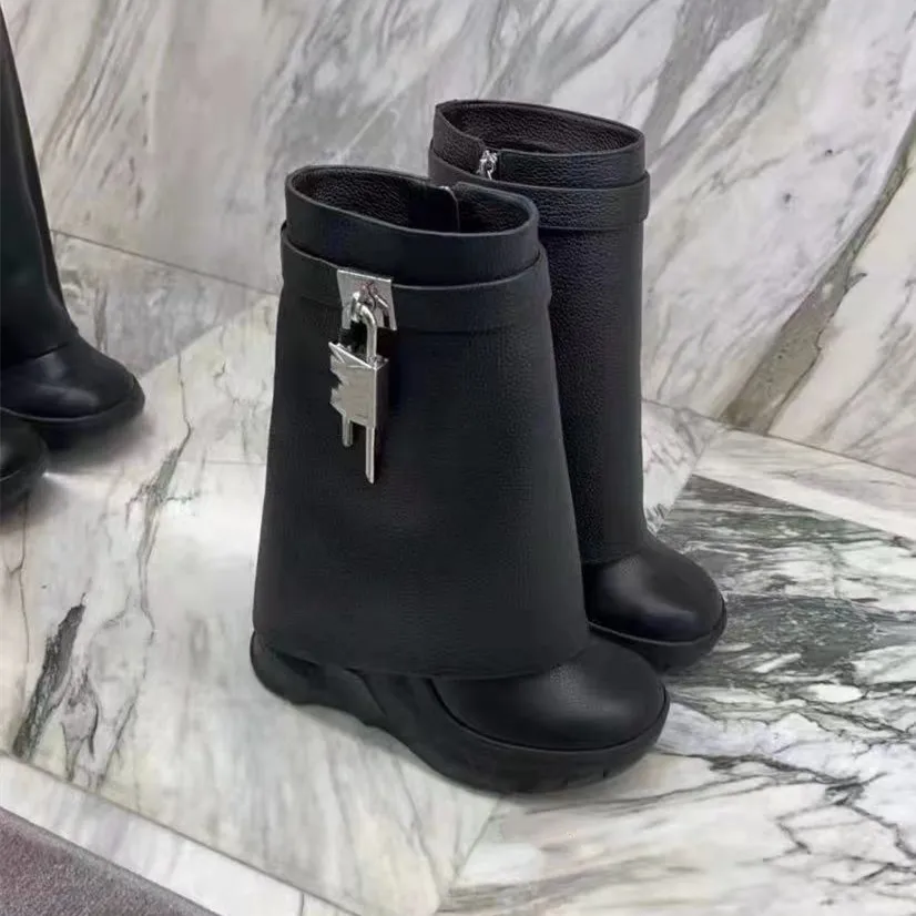 GCYFWJ Shark Lock Women Mid-Calf Boots Woman Genuine Leather Wedge Platform Round Toe Botas Mujer 2022 Metal Decoration Boots