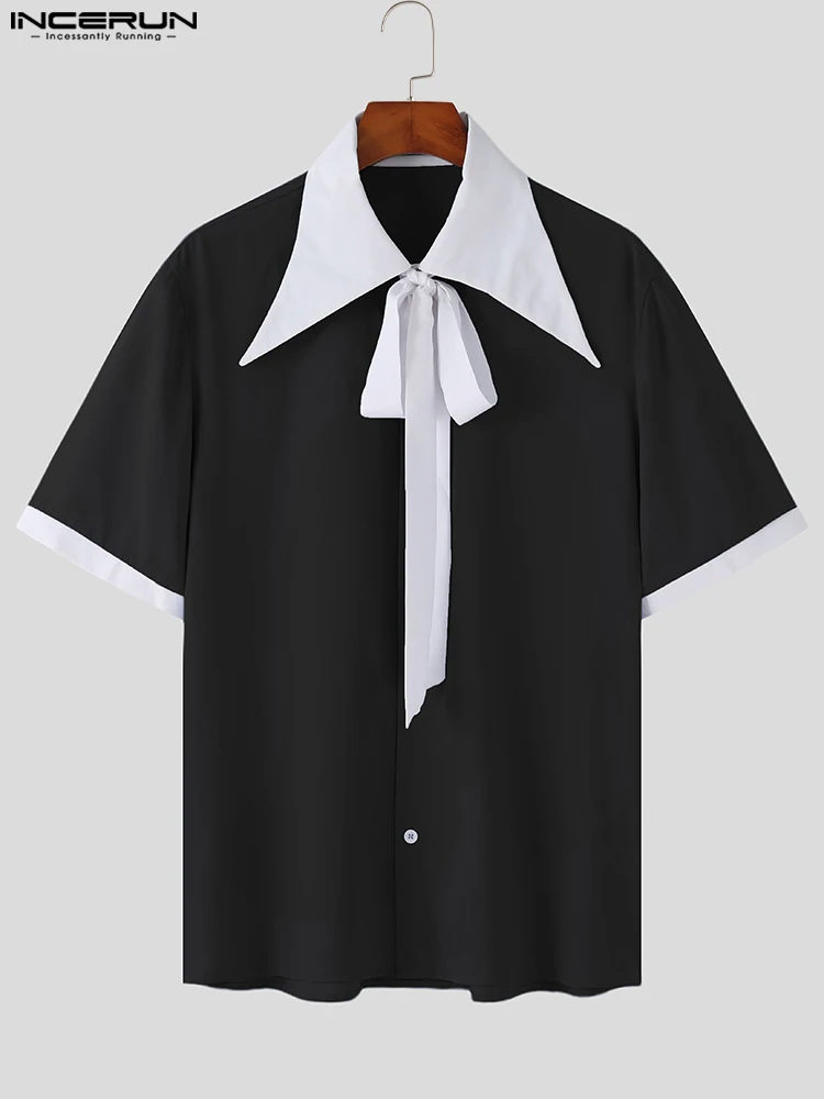 Handsome Well Fitting Tops INCERUN Men Fashion Triangle Collar Blouse Casual Streetwear Male Color-blocking Sleeve Shirts S-5XL