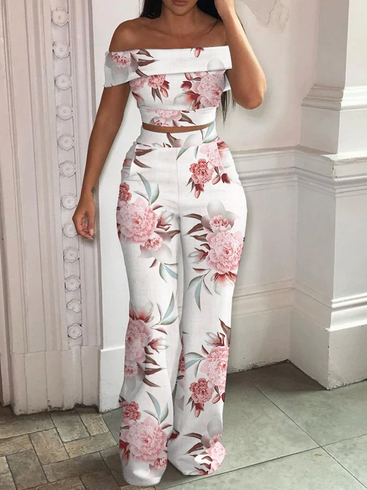 

Summer Trousers Women Outfits Sexy One Shoulder Strapless Blouse Wide Legged Trousers Sets 2022 intage Print Two Piece Suits
