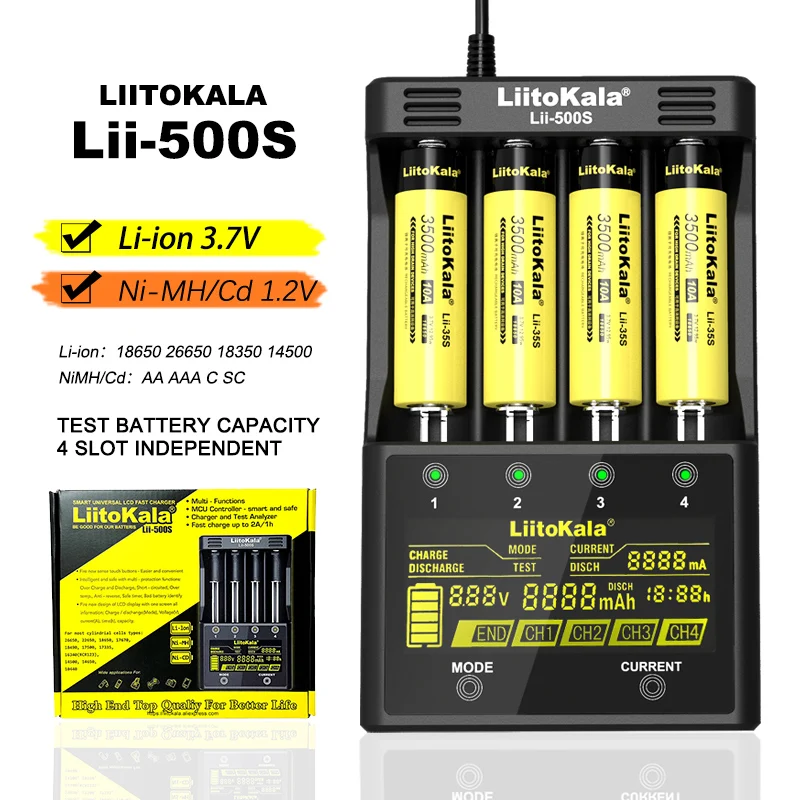 

Зарядное устройство Liitokala Lii-500, Lii-500S, Lii-S6, 3,7 В для NiMh, литиевых аккумуляторов 18350, 18500, 21700, 25500, 26650, AA, AAA, ЖК-экран