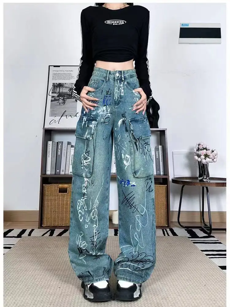 Джинсы-карго женские винтажные с высокой талией и принтом граффити