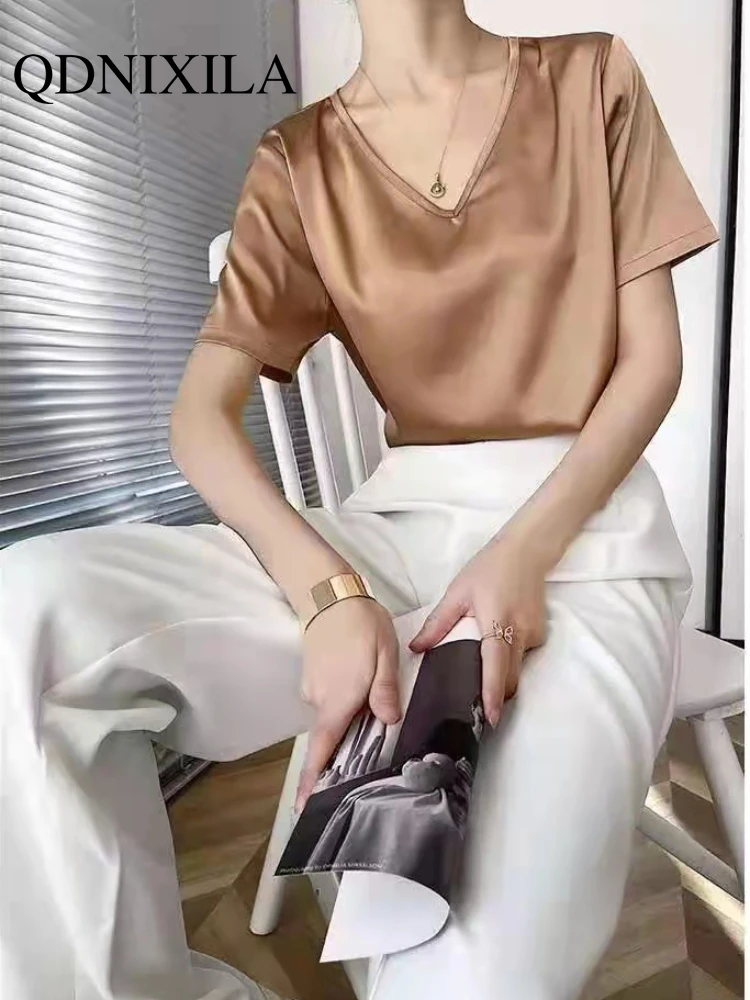 

Beautiful Women's Blouses New Summer Shoort Sleeve V Neck Elegant Silk Satin Shirt Korean Fashion Top Vintage White Shirt Blouse