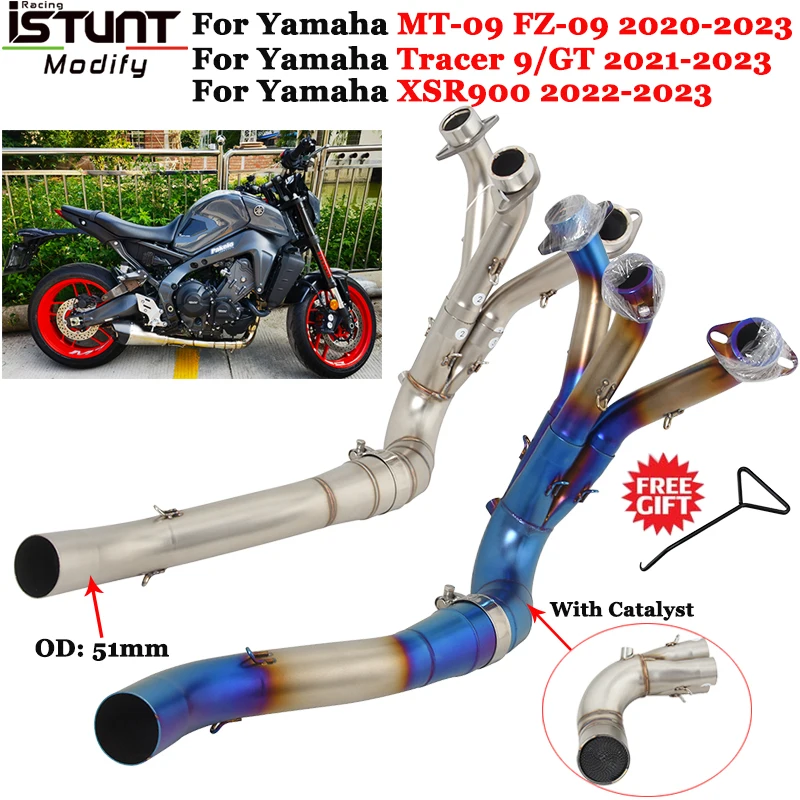 

Мотоциклетный выхлопной катализатор без шнуровки для Yamaha MT09 MT-09 Tracer 9 900 GT XSR900 2020-2023, передняя труба, глушитель 51 мм
