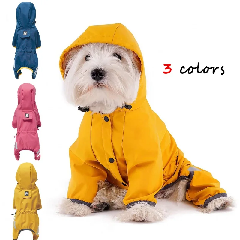 

2023NEW Dog Raincoat with Hood for Puppy Small Medium Dogs Solid Puppy Clothes Reflective Pets Cats Outwear Four-legged Jacket