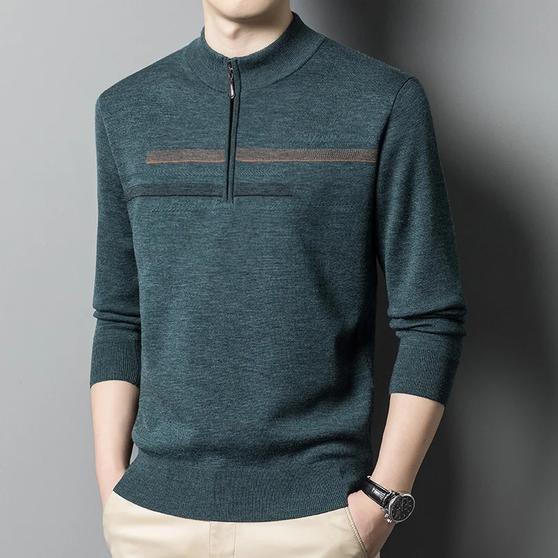 Men's Closing 100% Pure Wool Sweater Autumn and Winter New Base Jacquard Pullover Half Turtleneck Thickened Warm Top