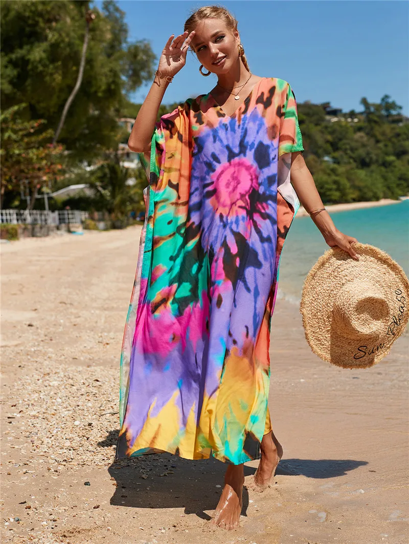 

44 colors Multicolored Kaftan Bohemian Printed V-neck Batwing Sleeve Street Wear Maxi Dress Women Beach Wear Swim Suit Cover Up