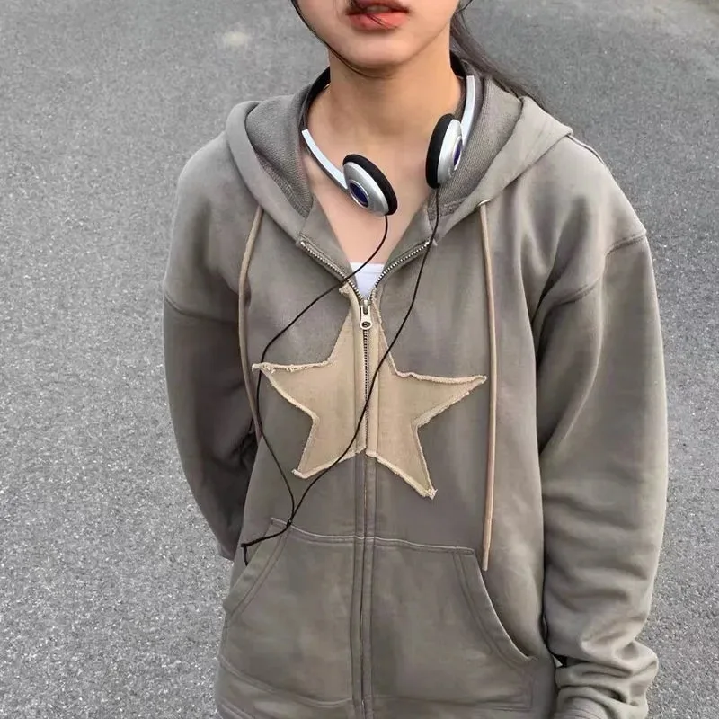 Hip Hop Zip Up Hoodie Vintage Star Patch Cotton Loose Sweatshirt Jacket Harajuku Gothic Long Sleeve Women Y2k Clothes |
