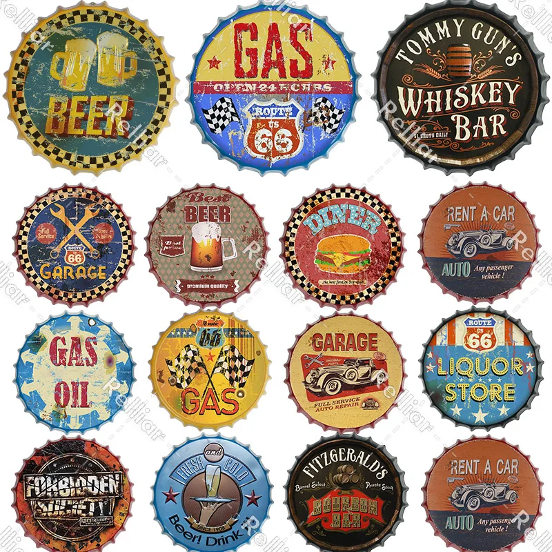

Route 66 Beer Bottle Cap Poster Retro Beer Metal Tin Signs Cafe Bar Pub Wall Decor Vintage Nostalgia Round Plates 20/30/35cm