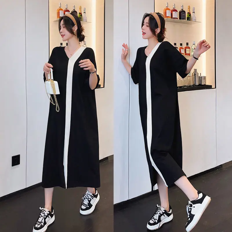 

Korean style Women Summer Dress Loose Languid Wind V-neck Belly Covering Women Long Dress Big Size Pregnant Women Casual Dresses