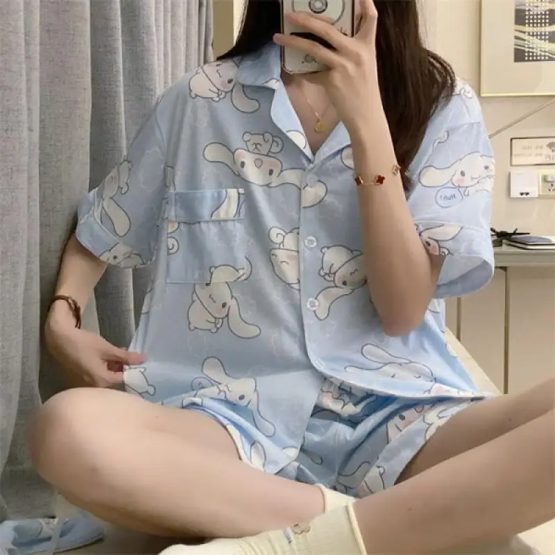 

Kawaii Sanrio Cinnamoroll Pajamas Clothes Cartoon Cute Cardigan Short-Sleeved Shorts Loungewear Two-Piece Set Summer Girls Gift