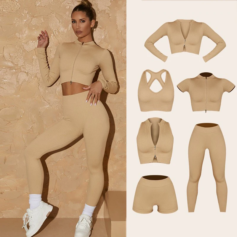 

ASHEYWR Women Workout Set Seamless High Waist Leggings And Long Sleeve Tops Fitness Bra Shorts Collocation Set Female Clothing