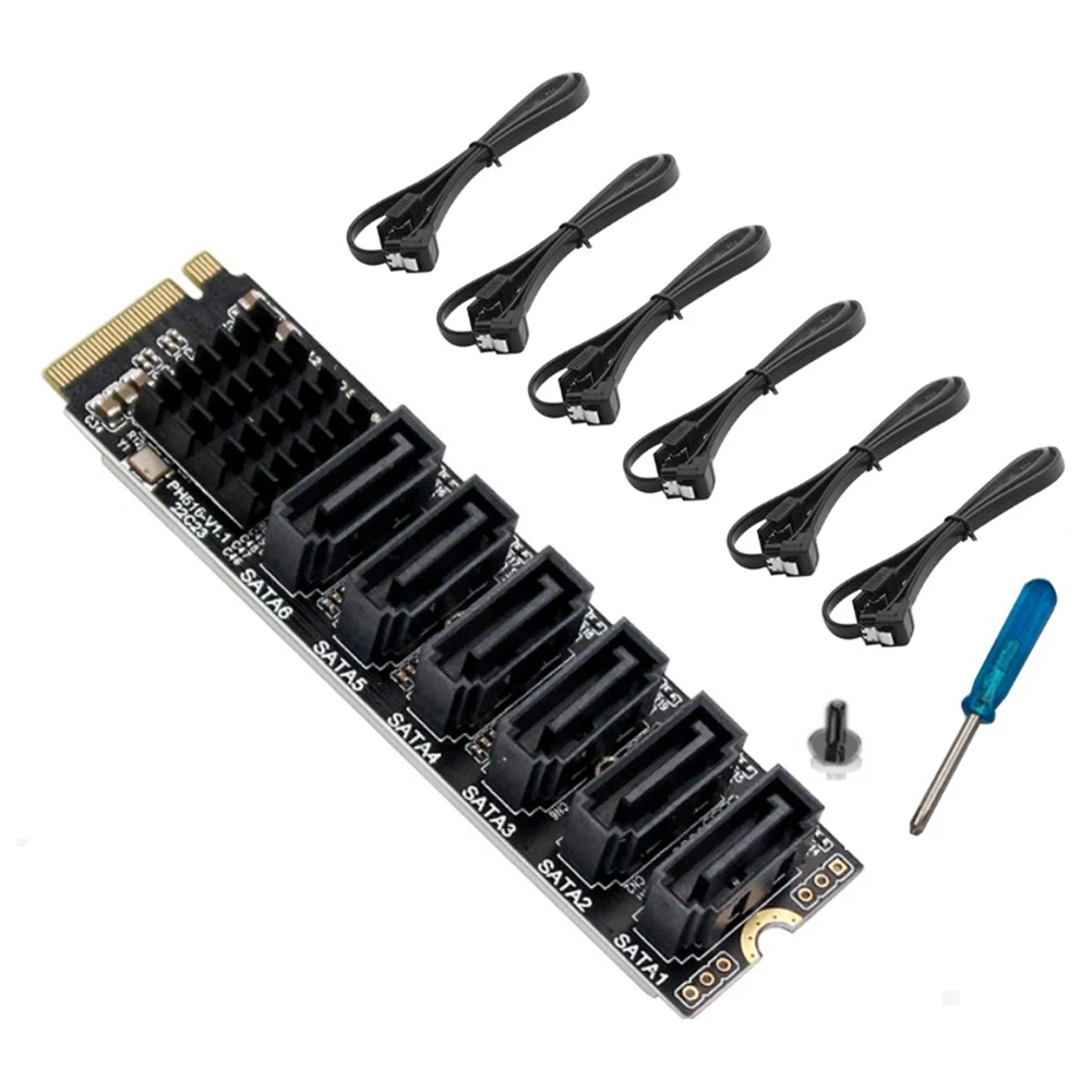 

Плата расширения PCIE-SATA 6Gpbsx6-Port + кабель SATA M.2 MKEY PCI-E карта расширения M.2 NVME на SATA3.0 ASM1166 поддержка PM