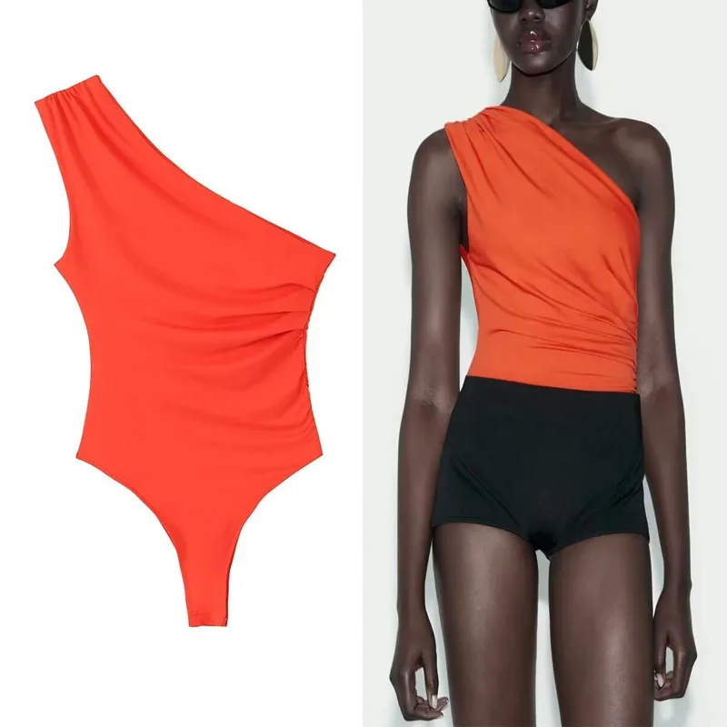 

TRAF 2023 Women Shaping Asymmetric Bodysuit Red Sexy Sleeveless Backless Bodysuit Summer Lady Ruched Tight Fitting Bodysuit