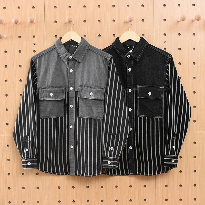 Джинсовая куртка мужская с вертикальной полосой, вареная джинсовая куртка, полосатая джинсовая куртка, цвет черный/серый, весна