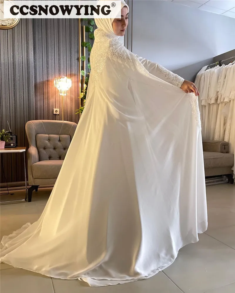 

Chiffon Beaded Long Sleeve Muslim Wedding Dress for Bride with Cape Islamic Hijab Bridal Gowns High Neck Arabic Robe De Mariée