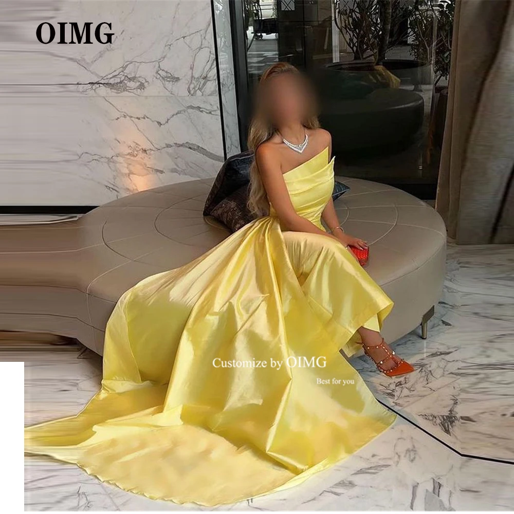 

Атласные вечерние платья OIMG без бретелек желтого цвета, саудовские арабские женские платья до щиколотки для выпускного вечера, вечернее платье