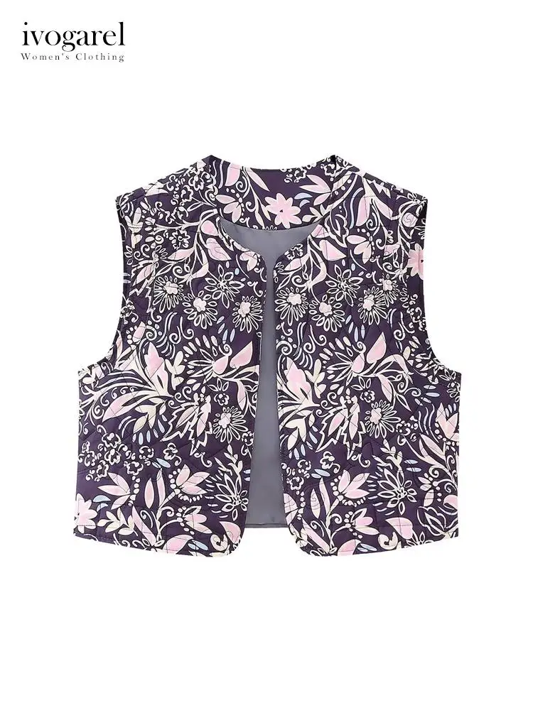 

Ivogarel Floral Print Embroidered Quilting Cotton Vest Women's Demi-Season Sleeveless Vest with Straight Fit Short Length