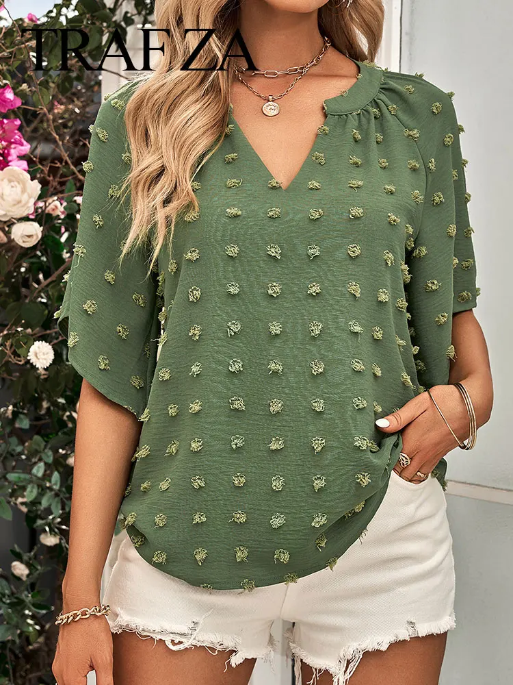 

TRAFZA 2023 Women's Casual Solid Hairball Blouse Tops Half Sleeve V Neck Loose T-Shirts Vintage Female Spring Streetwear