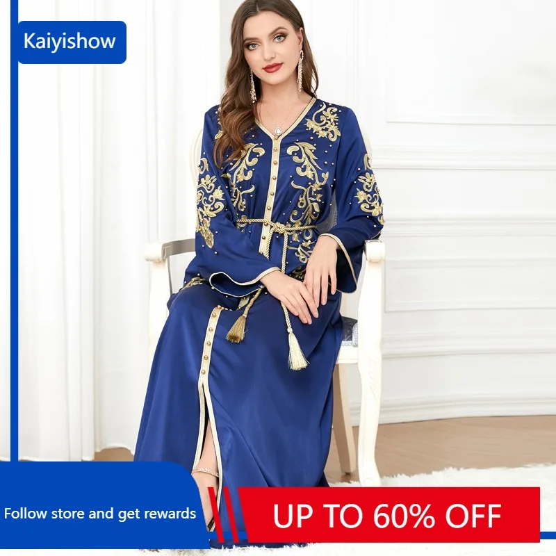 

Abayas for Women 2023 Summer Autumn Muslim Fashion Long Sleeve V-neck Polyester Long Abaya Muslim Dresses with Belt Abaya Dress